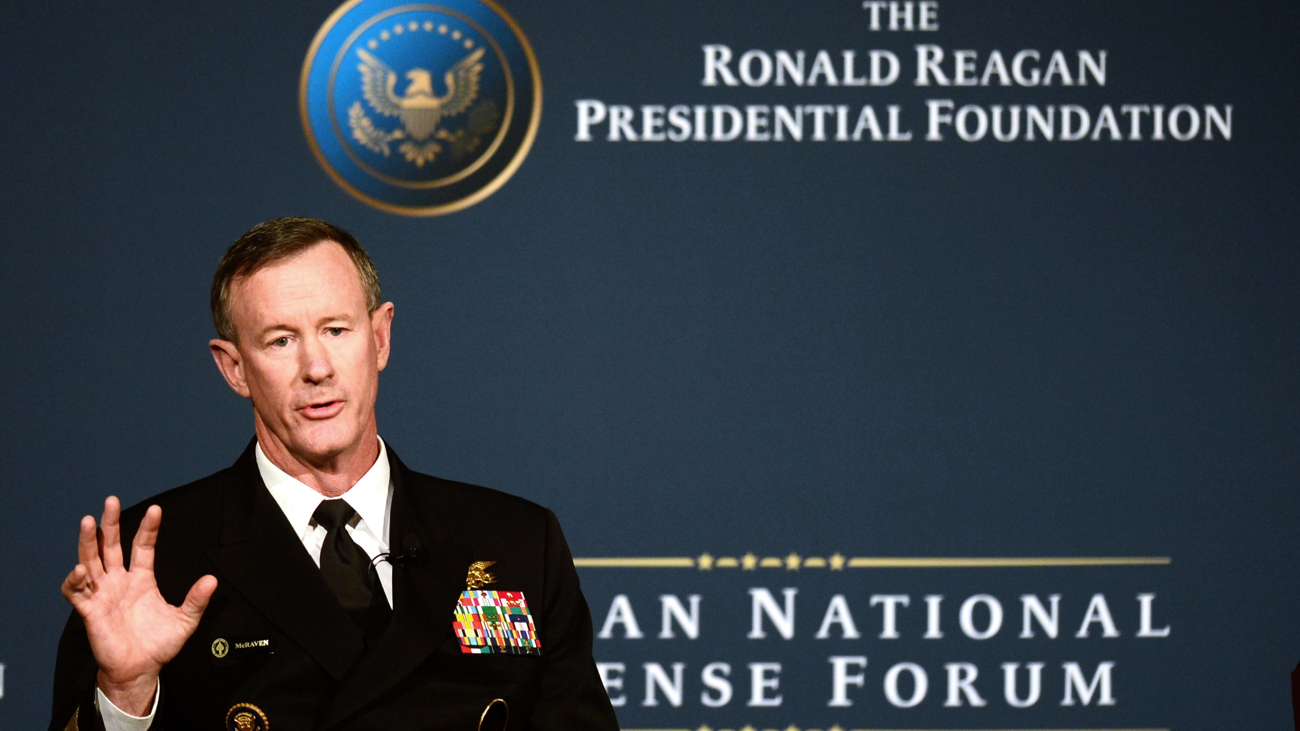 Admiral William McRaven speaks the panel "Counterterrorism in 2025: What kind of fighting force will be required" during the Reagan National Defense Forum at the Ronald Reagan Presidential Library in Simi Valley, California on Nov. 16, 2013. (Credit: FREDERIC J. BROWN/AFP/Getty Images)