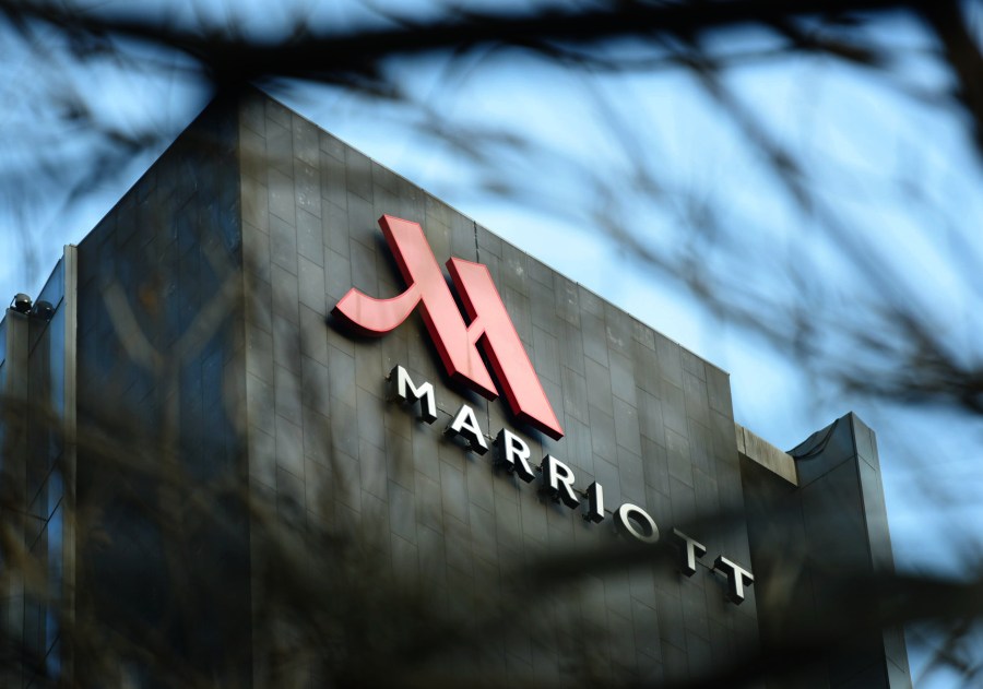 This photo taken on January 11, 2018 shows a Marriott logo in Hangzhou in China's Zhejiang province. (Credit: /AFP/Getty Images)