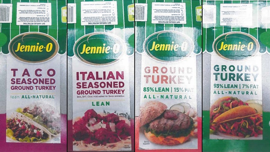 Images show packaging for four types of Jennie-O ground raw turkey recalled in November 2018 due to salmonella concerns. (Credit: Hormel)