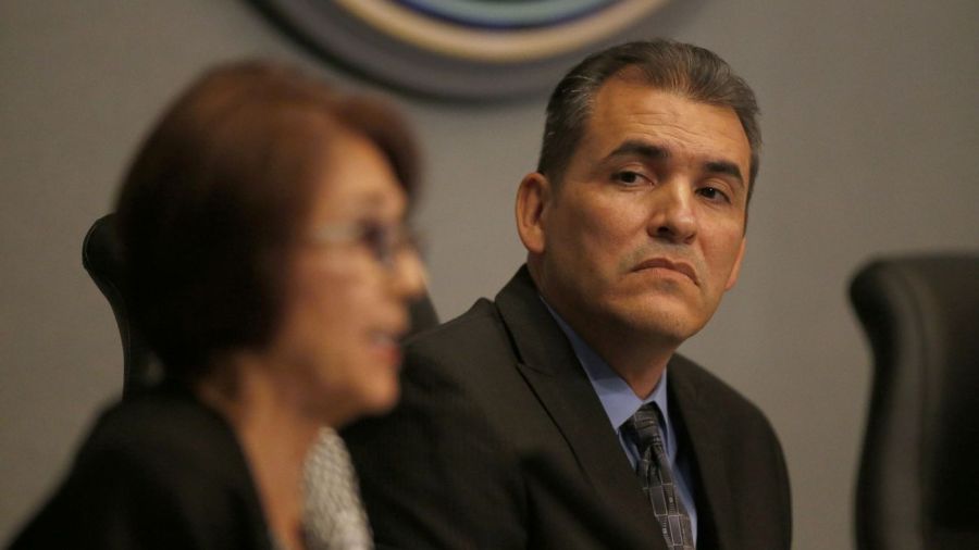 Anaheim City Councilman Jose Moreno, shown with Councilwoman Lucille Kring in the foreground, attends a council meeting in 2017. (Credit: Allen J. Schaben / Los Angeles Times)