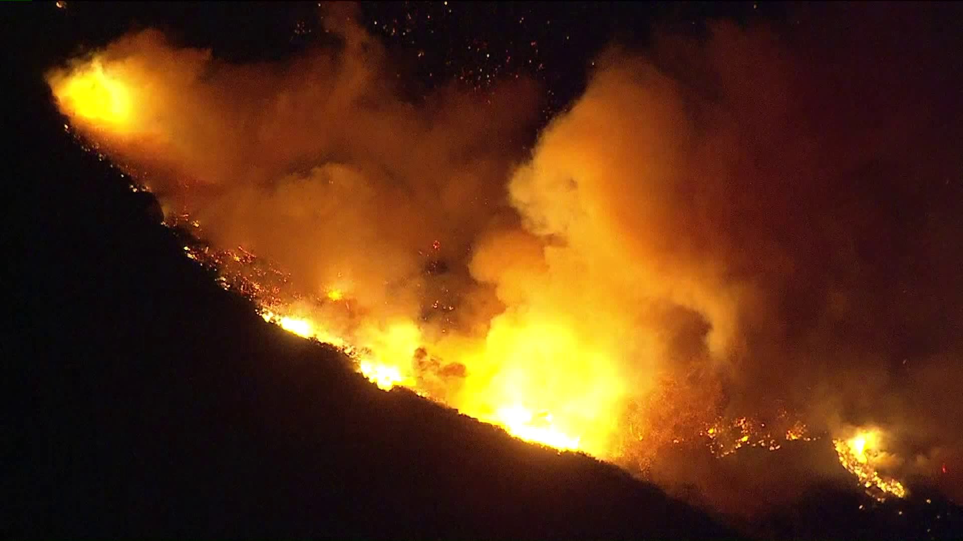 The Woolsey Fire rages into its sixth night on Nov. 13, 2018, in the unincorporated Lake Sherwood area of Ventura County. (Credit: KTLA)