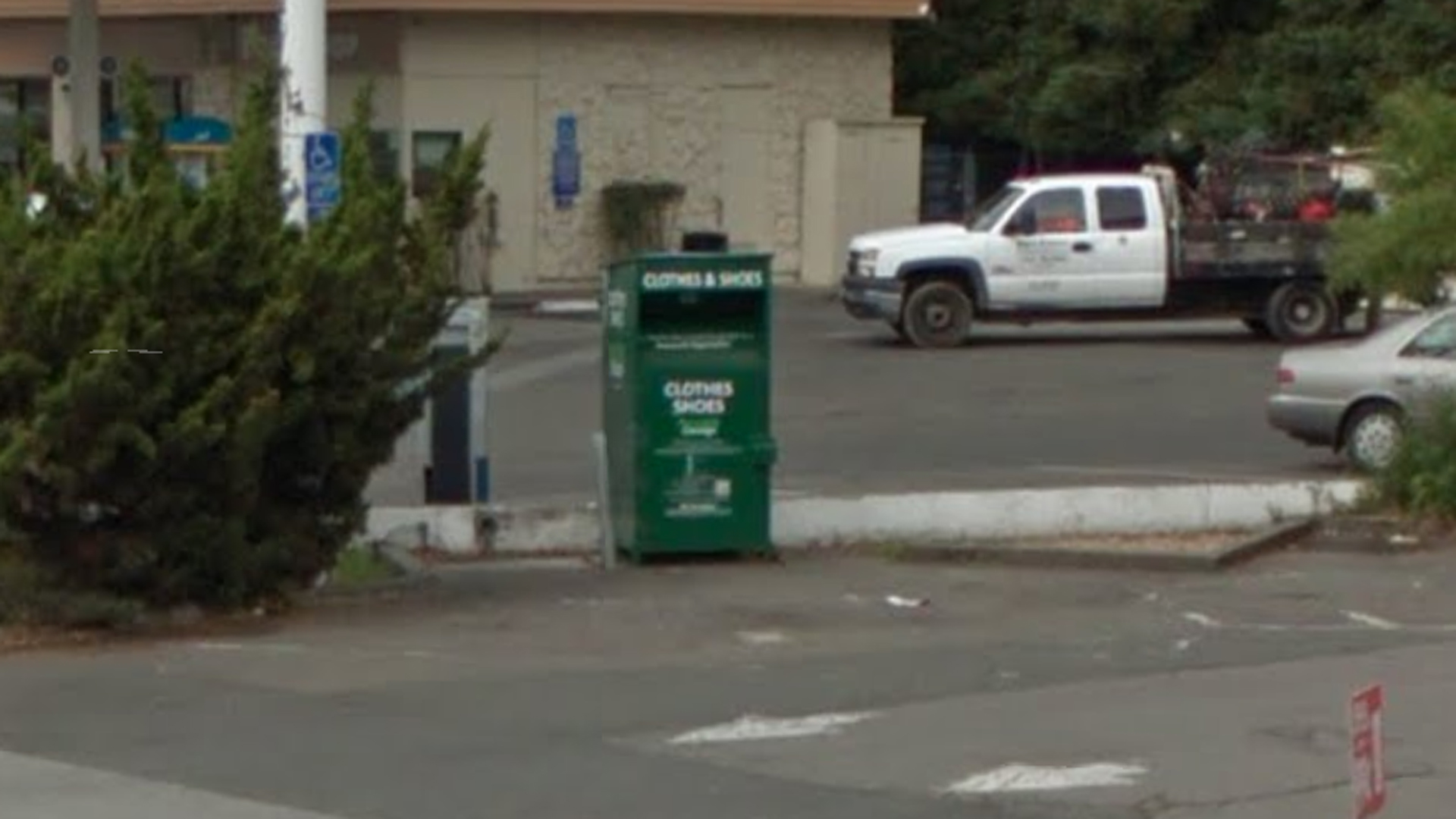 A clothing donation box is seen in the 5100 block of Old Redwood Highway in this Google Maps street view image.