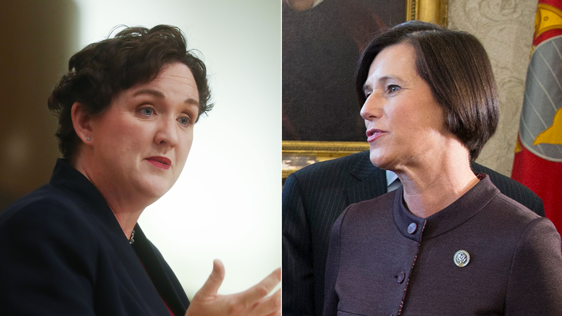 Left, Democratic congressional candidate Katie Porter (CA-45) speaks at a campaign town hall in Tustin on Oct. 22, 2018. Right, Rep. Mimi Walter speaks at a White House event on April 11, 2018. (Credit: Getty Images / left, Mario Tama; right, Chris Kleponis-Pool)