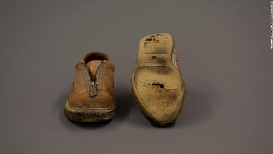 Alexandria Ocasio-Cortez's campaign shoes, on loan to the Cornell Costume & Textile Collection for the exhibition "Women Empowered: Fashions from the Frontline," are seen in an image provided by the university.