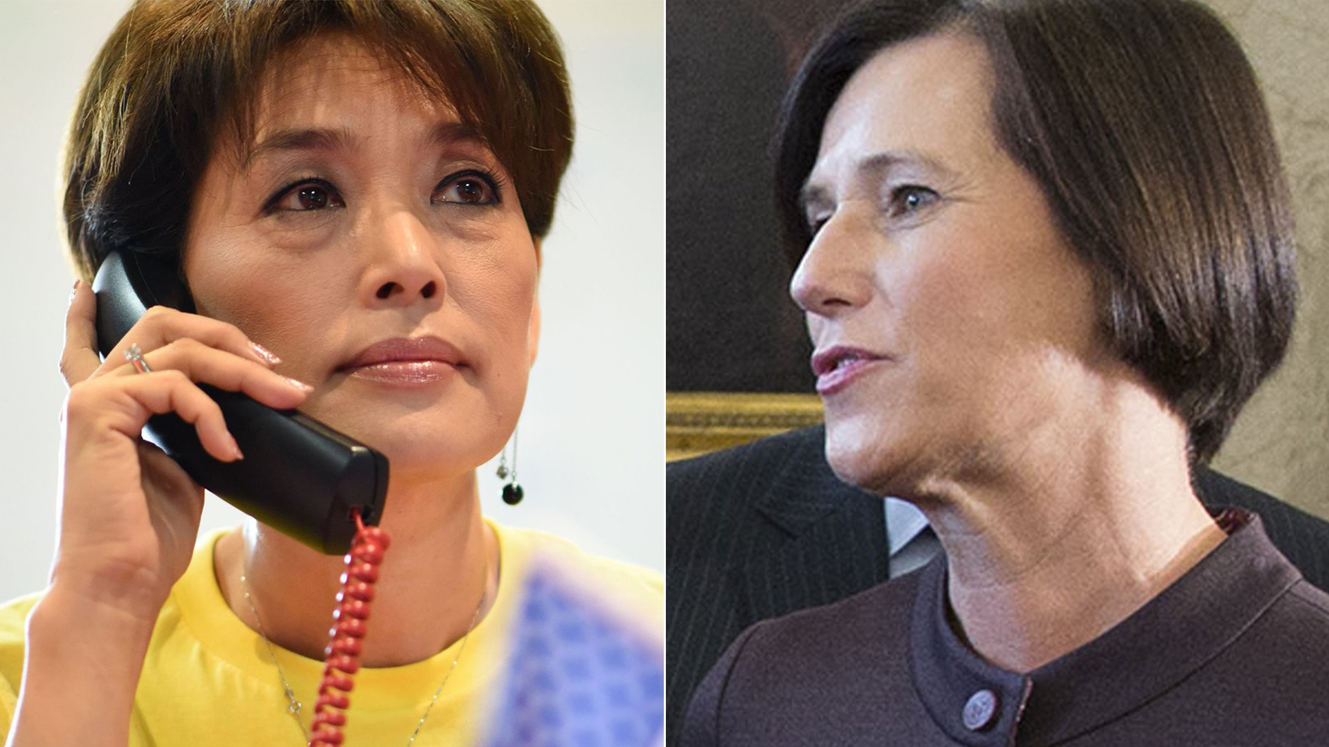 From left: Republican candidate for U.S. Congress Young Kim makes calls to voters at her campaign office in Yorba Linda on Oct. 6, 2018, and Rep. Mimi Walters addresses President Donald Trump before he signs a bill related to sex trafficking at the White House in Washington, D.C., April 11, 2018. (Credit: Robyn Beck/ Chris Kleponis / Getty Images)