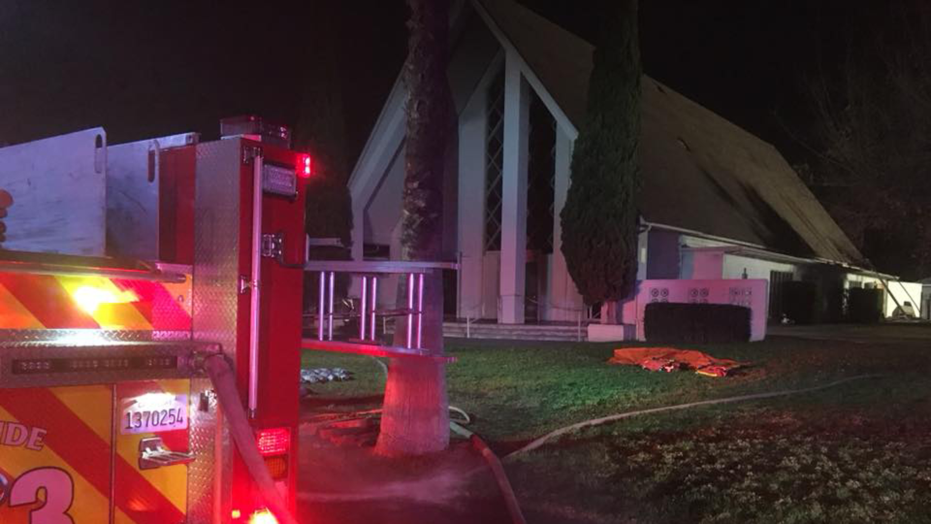 A three-alarm fire tore through through Magnolia Presbyterian Church in Riverside on Dec. 23, 2018. (Credit: City of Riverside Fire Department)