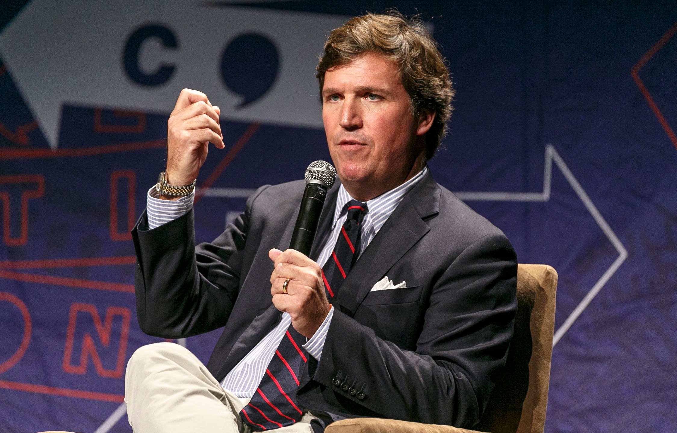 Tucker Carlson speaks onstage during Politicon 2018 at Los Angeles Convention Center on October 21, 2018 in Los Angeles, California. (Credit: Rich Polk/Getty Images for Politicon)