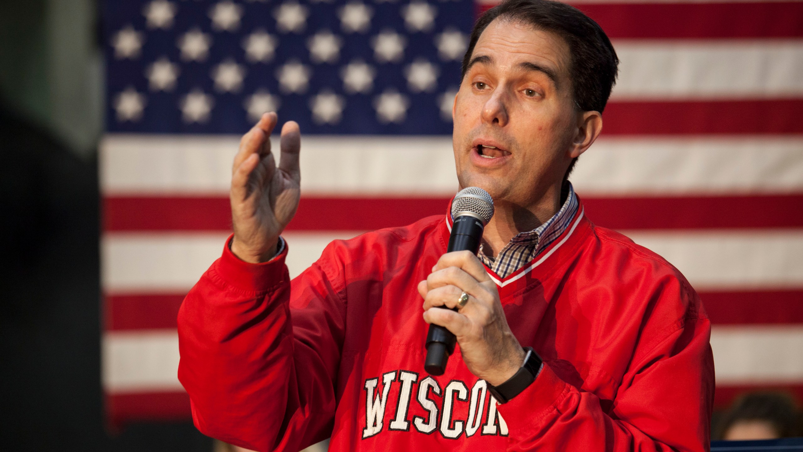 Scott Walker speaks to supporters at a get out the vote rally the night before the midterm elections at the Weldall Mfg., Inc. on Nov. 5, 2018 in Waukesha, Wisconsin. (Credit: Darren Hauck/Getty Images)