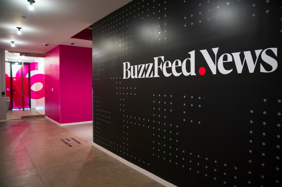 A BuzzFeed News logo adorns a wall inside BuzzFeed headquarters on Dec. 11, 2018 in New York City. (Credit: Drew Angerer/Getty Images)