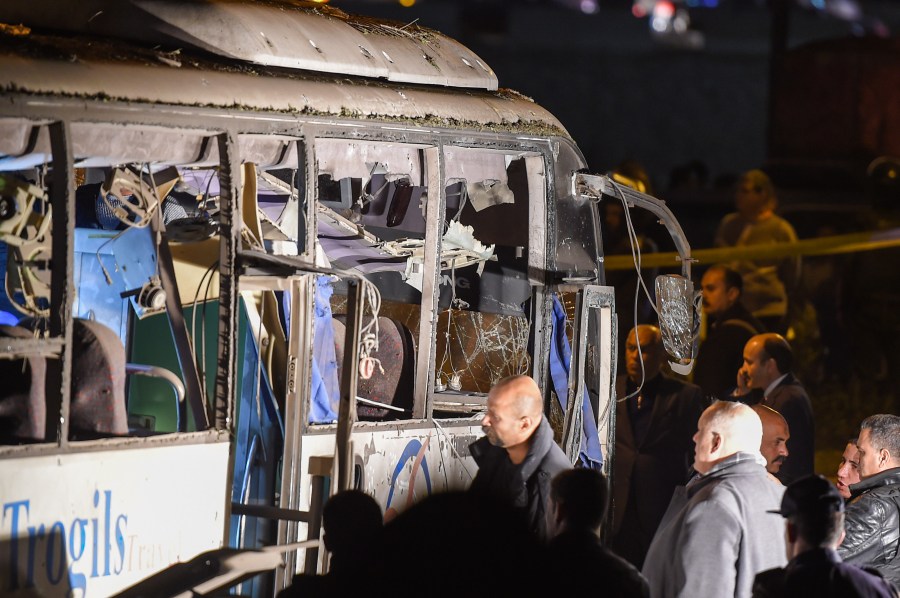 This picture taken on December 28, 2018 shows a view of a tourist bus which was attacked in Giza province south of the Egyptian capital Cairo. (Credit: MOHAMED EL-SHAHED/AFP/Getty Images)