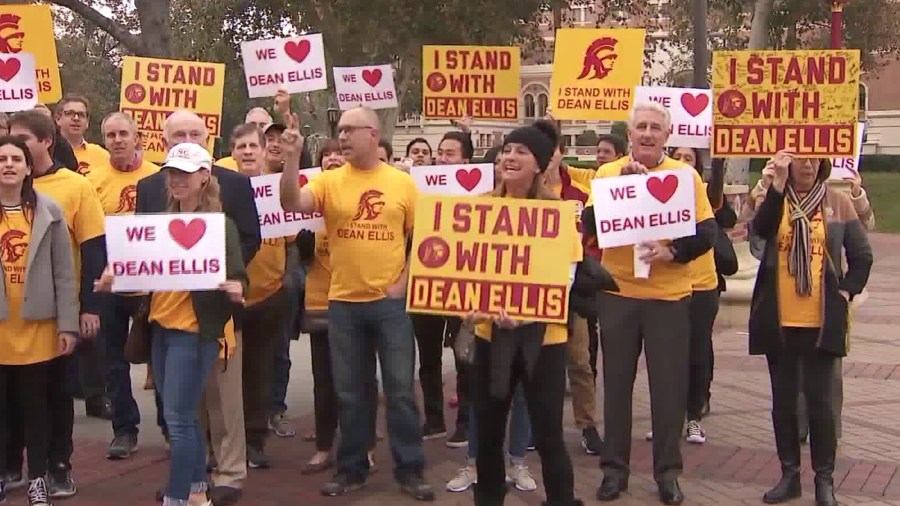 Supporters of former USC Marshall School of Business Dean James Ellis protest at the campus on Dec. 12, 2018, following his ouster due to the handling of harassment cases. (Credit: KTLA)