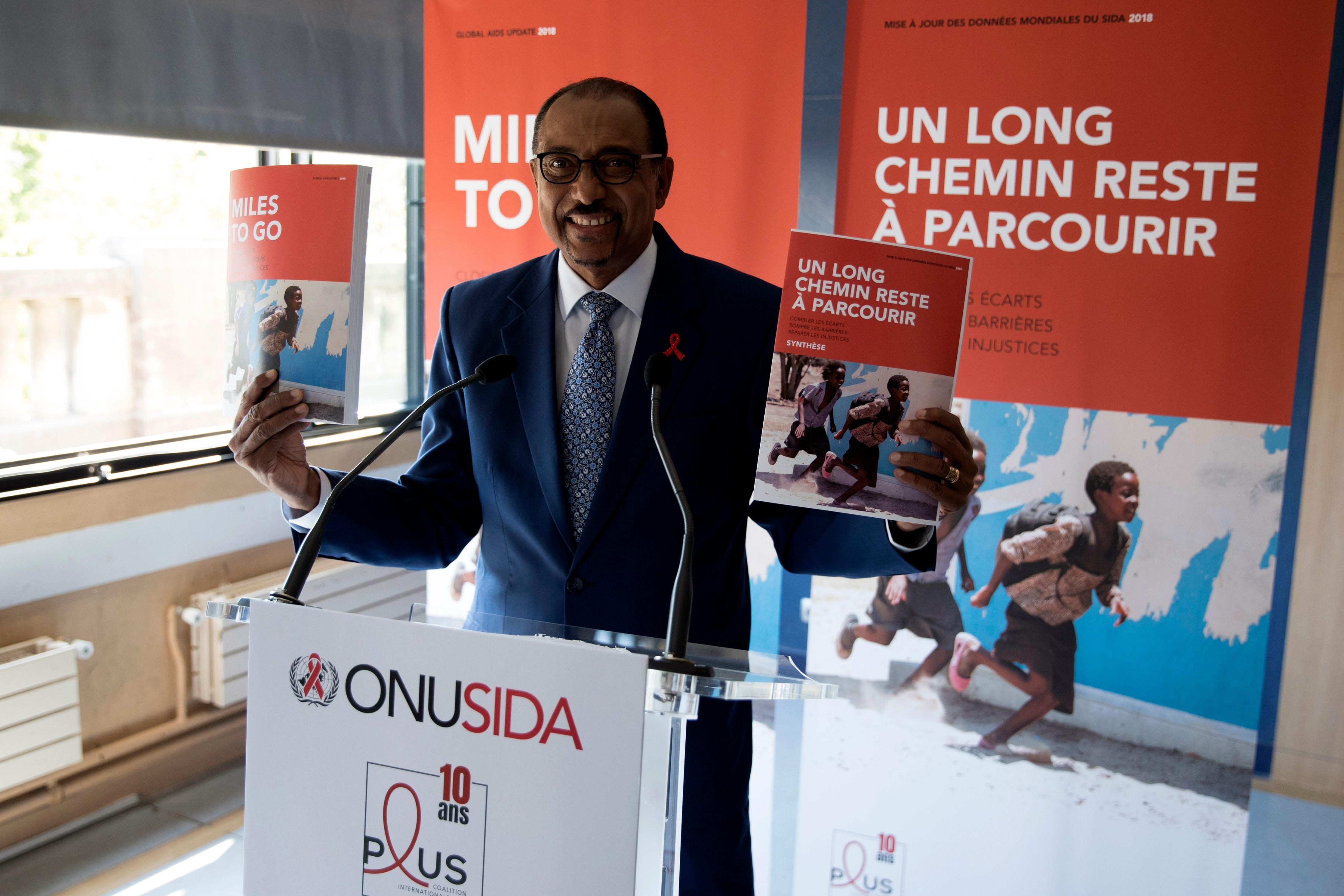 Malian Michel Sidibe, executive director of UNAIDS, presents the UNAIDS report during a press conference at the Paris Institute of Political Studies (Science Po), on July 18, 2018, in Paris. (Credit: Thomas SAMSON / AFP/Getty Images)