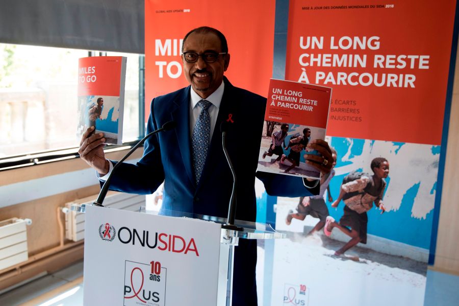 Malian Michel Sidibe, executive director of UNAIDS, presents the UNAIDS report during a press conference at the Paris Institute of Political Studies (Science Po), on July 18, 2018, in Paris. (Credit: Thomas SAMSON / AFP/Getty Images)