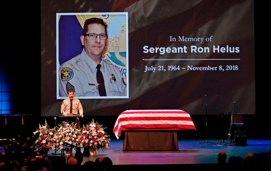 Ventura County Sheriff Bill Ayub addresses the crowd attending the memorial service for Sgt. Ron Helus at Calvary Community Church in Westlake Village Nov. 15, 2018. (AL SEIB/AFP/Getty Images)