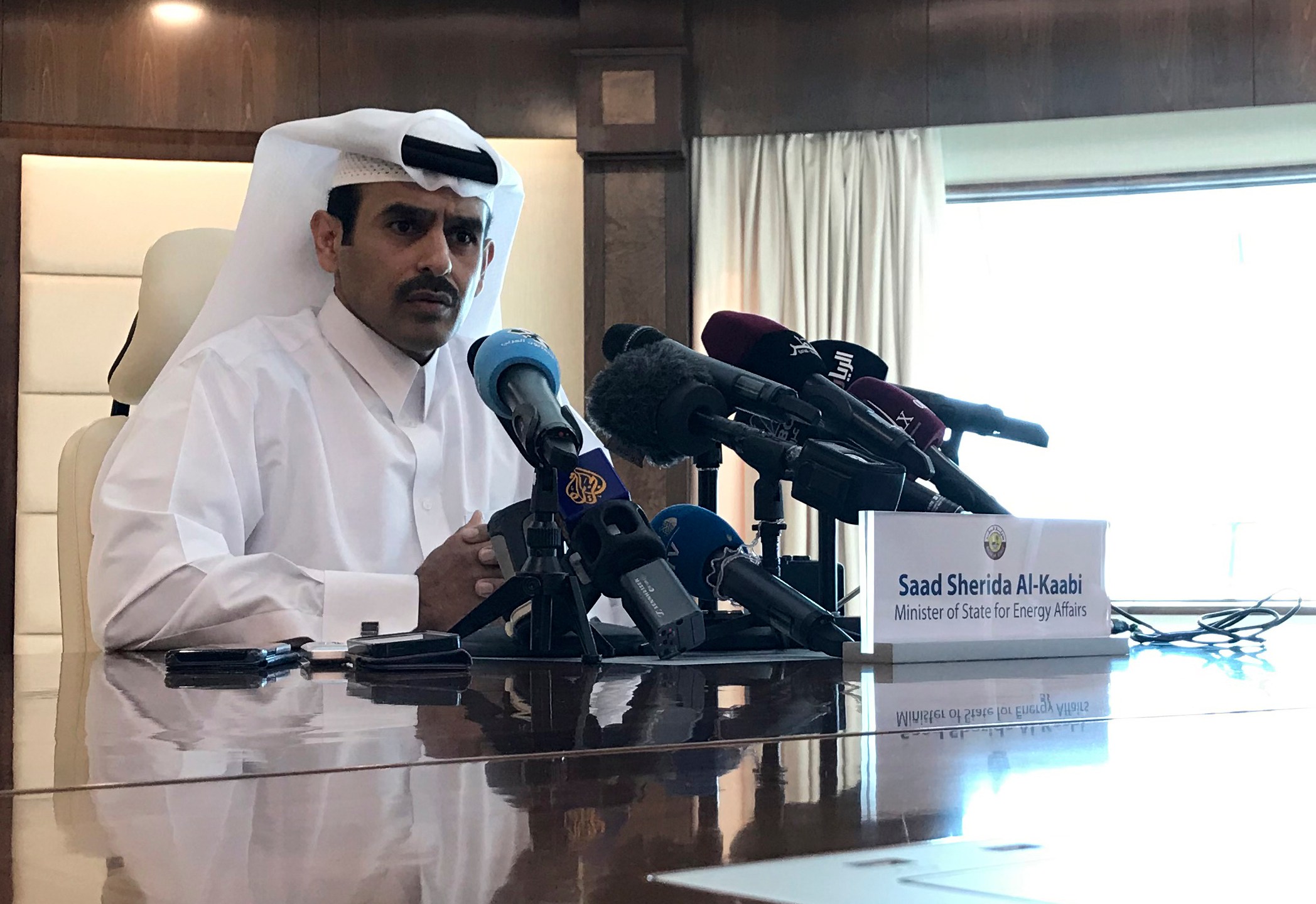 Saad Sherida Al-Kaabi, Qatari Minister of State for Energy Affairs, speaks during a press conference in the capital Doha on December 3, 2018. - Qatar is to leave OPEC next month in order for the Gulf state to focus on gas production, Energy Minister Saad al-Kaabi announced at a Doha press conference. (Credit: Anne Levasseur/AFP/Getty Images)