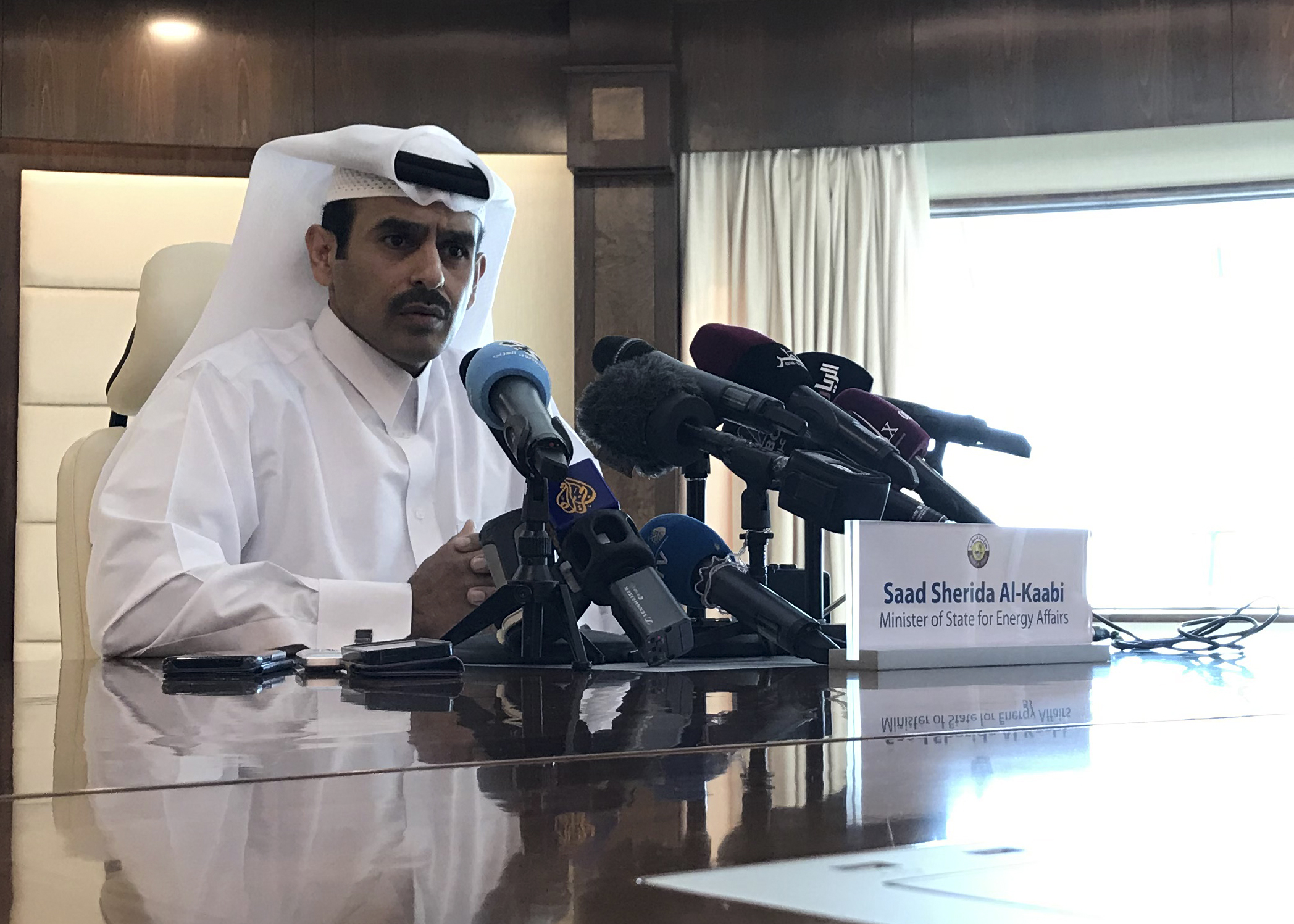 Saad Sherida Al-Kaabi, Qatari Minister of State for Energy Affairs, speaks during a press conference in the capital Doha on December 3, 2018. - Qatar is to leave OPEC next month in order for the Gulf state to focus on gas production, Energy Minister Saad al-Kaabi announced at a Doha press conference. (Credit: Anne Levasseur/AFP/Getty Images)