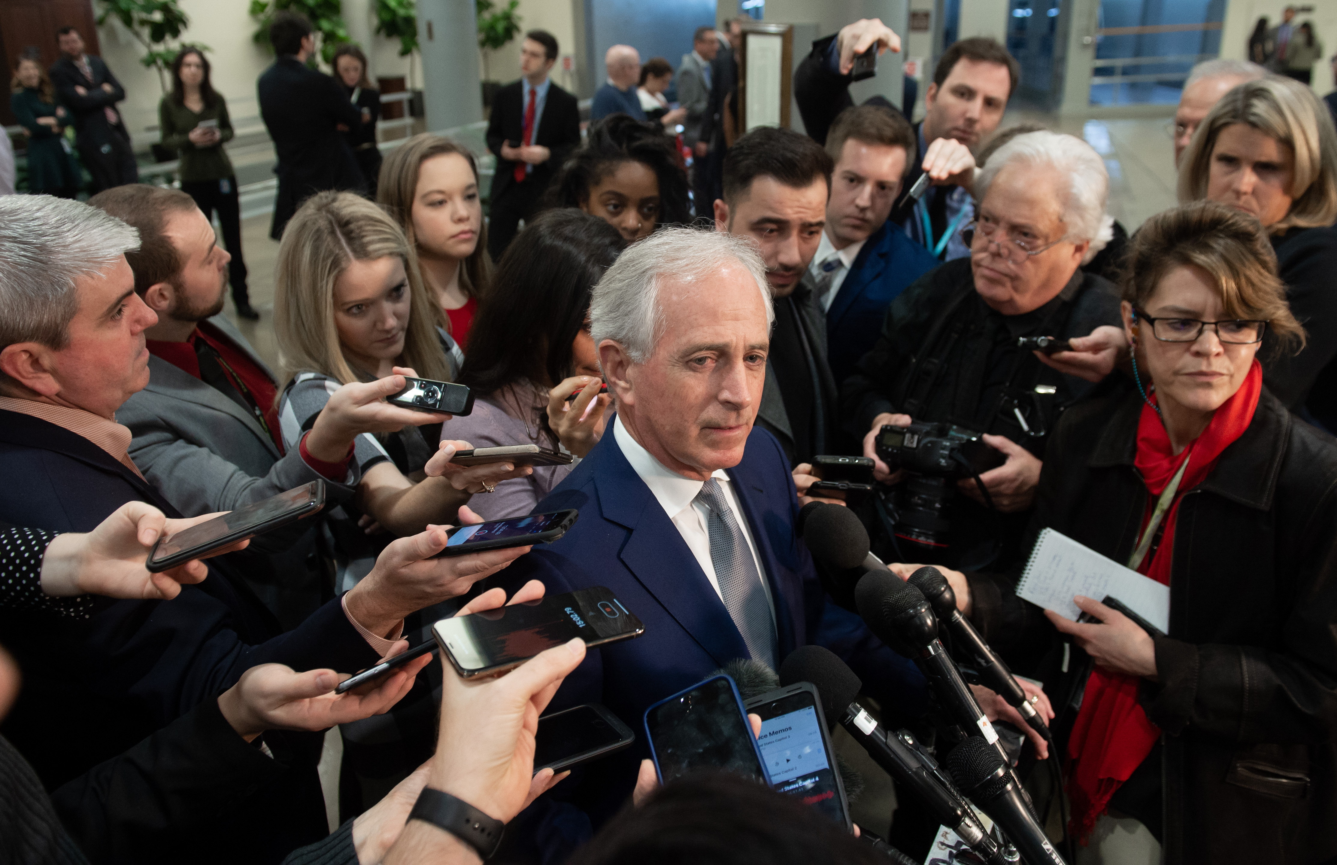 U.S. Senator Bob Corker, Republican of Tennessee, speaks to the media on Dec. 4, 2018 following a briefing from CIA Director Gina Haspel on the killing of journalist Jamal Khashoggi. (Credit: Saul Loeb/AFP/Getty Images)