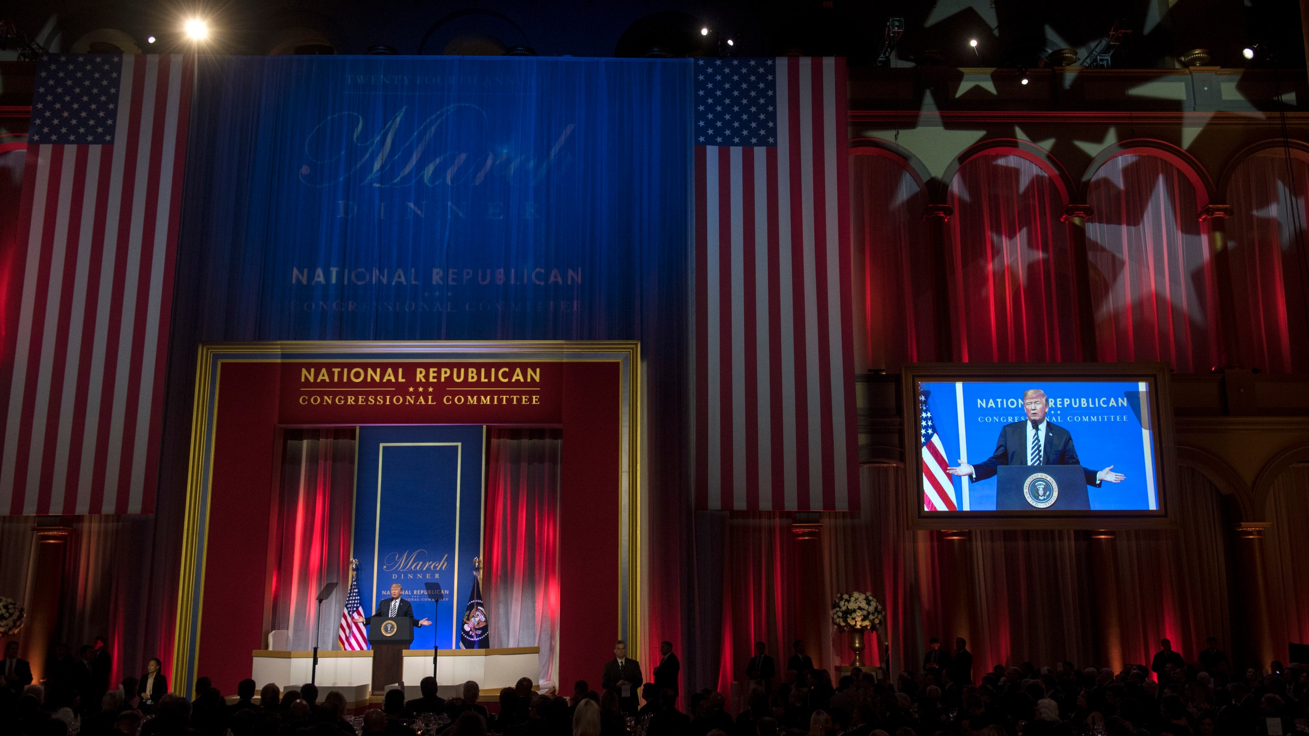 Donald Trump delivers remarks at the National Republican Congressional Committee at the National Building Museum on March 20, 2018 in Washington, D.C. (Credit: Kevin Dietsch-Pool/Getty Images)