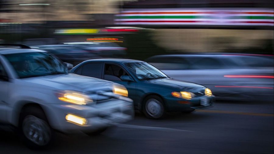 Vehicles are seen Zelzah Avenue in the San Fernando Valley, where the speed limit was raised in 2017. (Credit: Allen J. Schaben / Los Angeles Times)