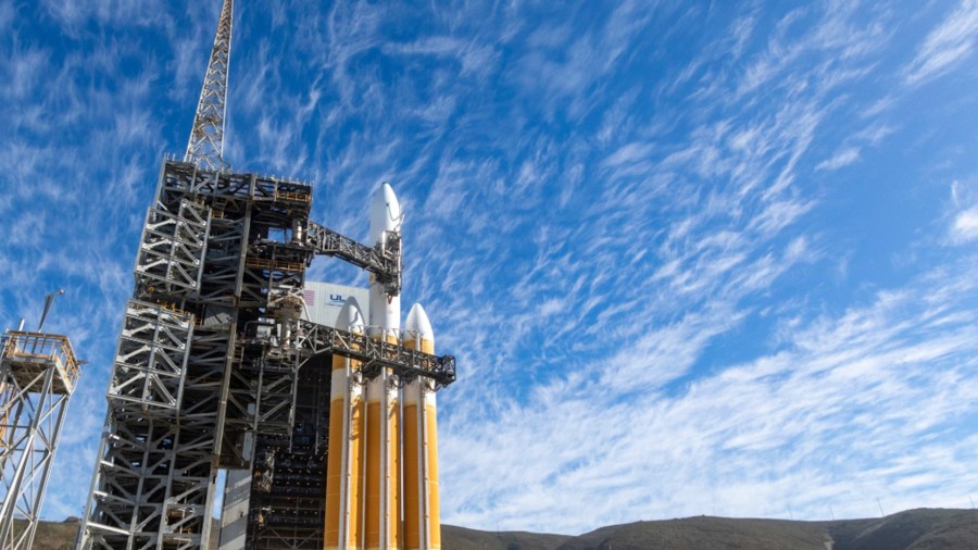 A Delta IV Heavy rocket sits on Vandenberg Air Force Base's launch pad on Dec. 19, 2018. (Credit: ULA)