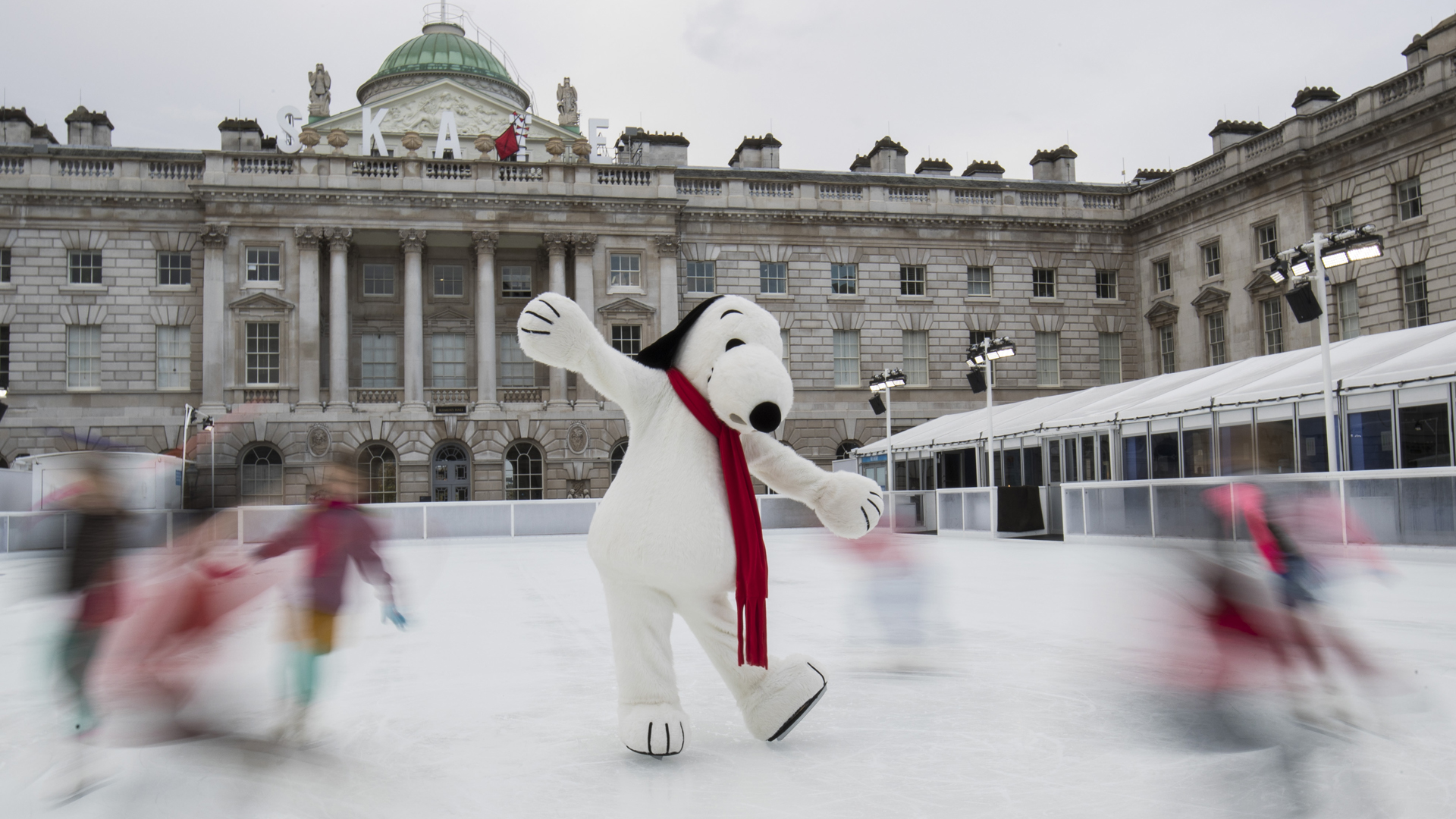 Snoopy joins future star skaters on the ice to celebrate the launch of Skate at Somerset House with Fortnum & Mason 2018 and winter exhibition Good Grief, Charlie Brown on Nov. 12, 2018 in London, England. (Credit: John Phillips/Getty Images)