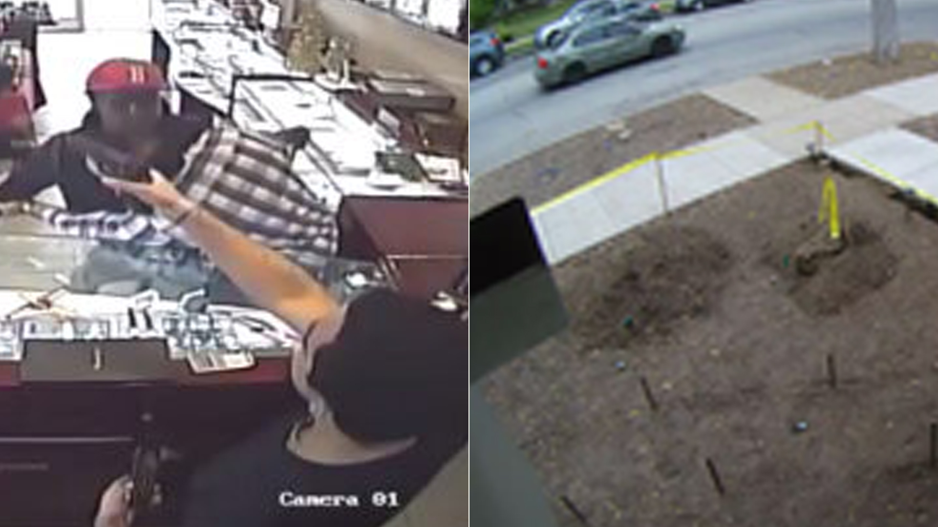 Left, robbers are seen being fought off by workers at a South Pasadena jewelry store on Dec. 14, 2018. The suspect vehicle in the robbery attempt is seen right in a photo released by police the following day.