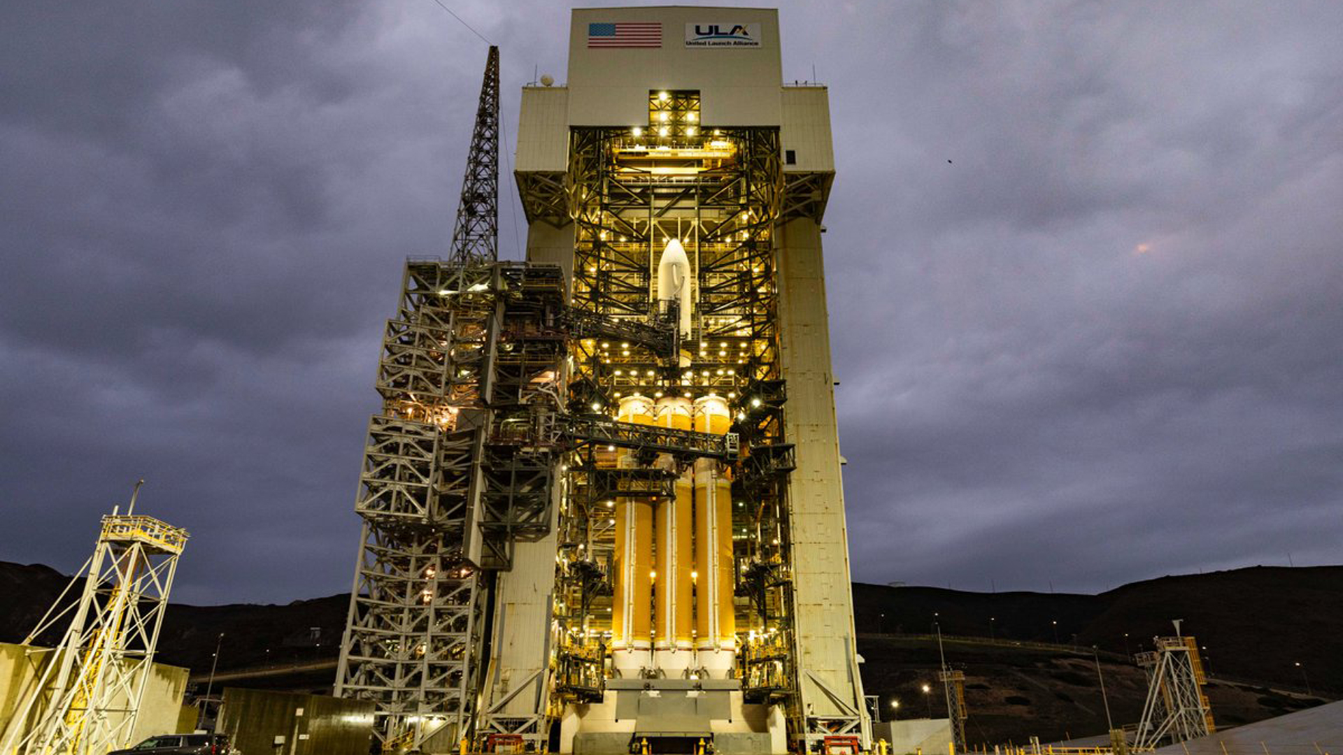 A United Launch Alliance Delta IV Heavy rocket sits on its launch pad at Vandenberg Air Force Base in Santa Barbara County on Dec. 6, 2018. (Credit: United Launch Alliance)