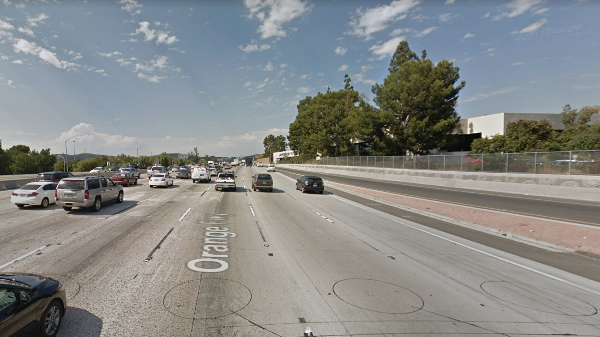 The northbound 57 Freeway, just north of Imperial Highway, in Fullerton, as pictured in a Google Street View image in July of 2017.