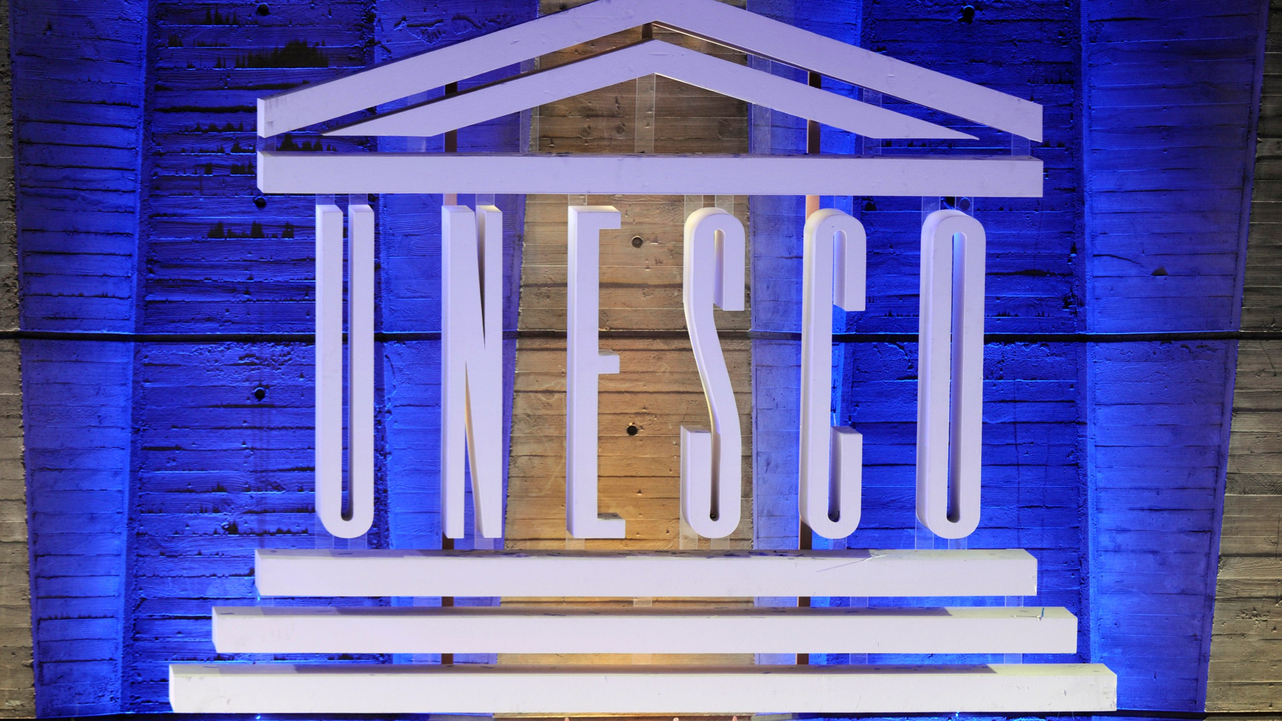 A logo of the United Nations Educational, Scientific and Cultural Organization (UNESCO) is displayed in front of the organization headquarters on September 14, 2011. (Credit: MIGUEL MEDINA/AFP/Getty Images)