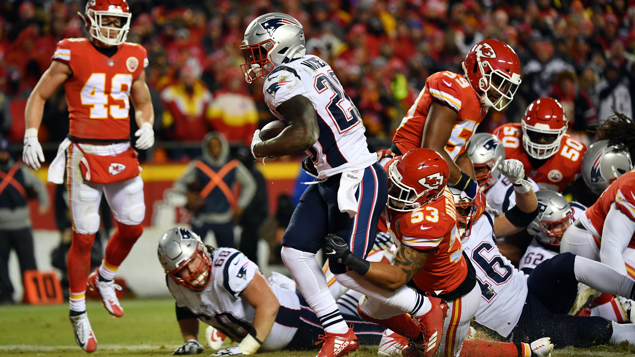 Sony Michel #26 of the New England Patriots rushes for a 1-yard touchdown in the first quarter against the Kansas City Chiefs during the AFC Championship Game at Arrowhead Stadium on January 20, 2019 in Kansas City, Missouri. (Credit: Peter Aiken/Getty Images)