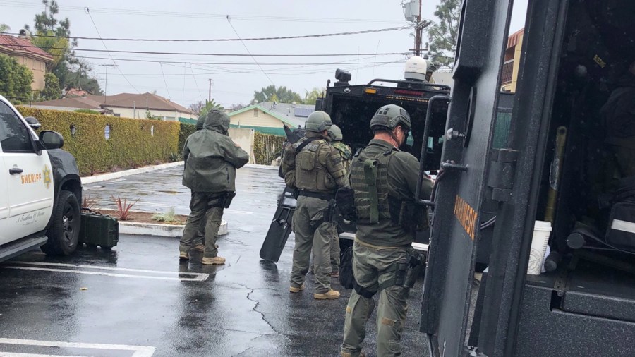 The Los Angeles County Sheriff's Department tweeted this photo of authorities responding to a barricaded situation outside a hotel in Culver City on Jan 7, 2019.