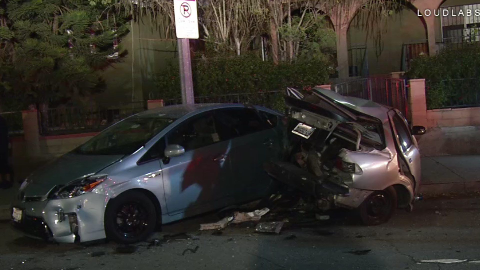 Two cars are seen visibly damaged from a collision that took place on Jan. 26, 2019, in the Cypress Park neighborhood of Los Angeles. (Credit: Loudlabs)