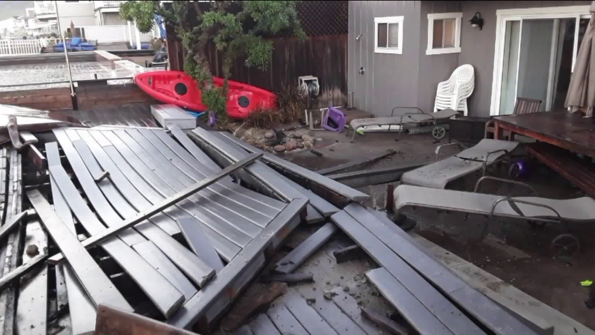 Massive waves caused a deck to collapse at this Ventura home. (Credit: KTLA)