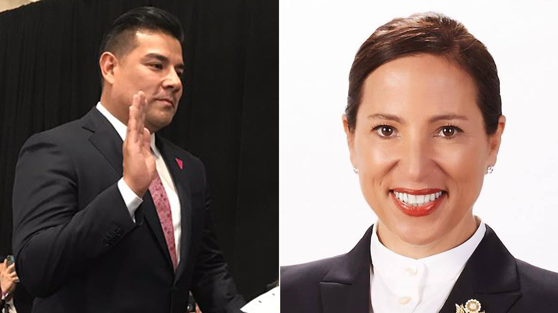 At left, Ricardo Lara is seen being sworn in as California insurance commissioner on Jan. 7, 2019, in a photo posted the his Twitter page. Eleni Kounalakis, right, is seen in a photo posted to her Facebook page in September 2017.