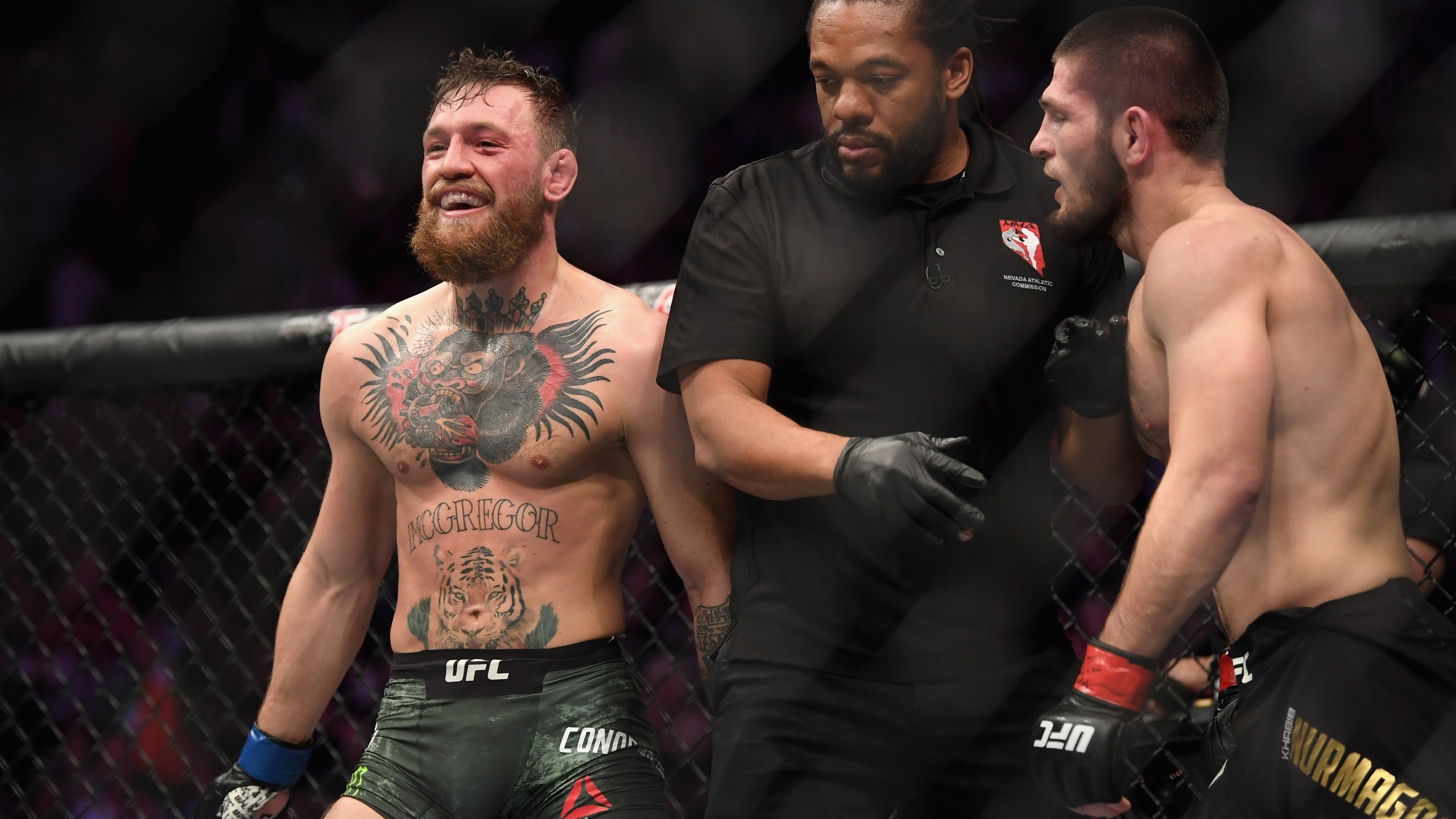 Conor McGregor of Ireland laughs after the second round in their UFC lightweight championship bout during the UFC 229 event inside T-Mobile Arena on October 6, 2018 in Las Vegas, Nevada. (Credit: Harry How/Getty Images)