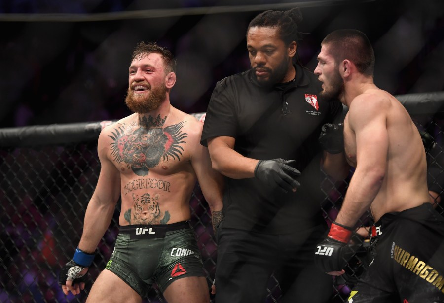 Conor McGregor of Ireland laughs after the second round in their UFC lightweight championship bout during the UFC 229 event inside T-Mobile Arena on October 6, 2018 in Las Vegas, Nevada. (Credit: Harry How/Getty Images)