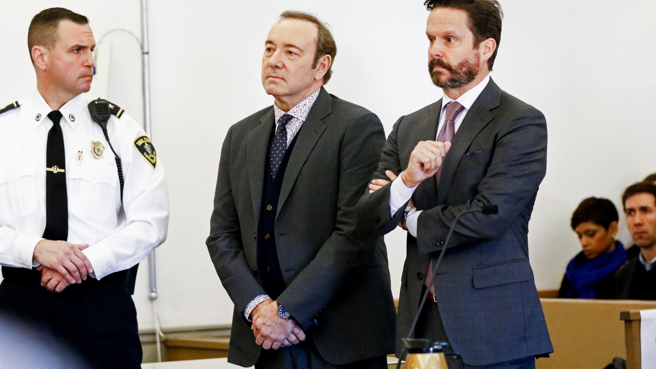 Actor Kevin Spacey attends his arraignment on sexual assault charges with his lawyer Alan Jackson at Nantucket District Court on Jan. 7, 2019, in Nantucket, Mass. (Credit: Nicole Harnishfeger-Pool/Getty Images)