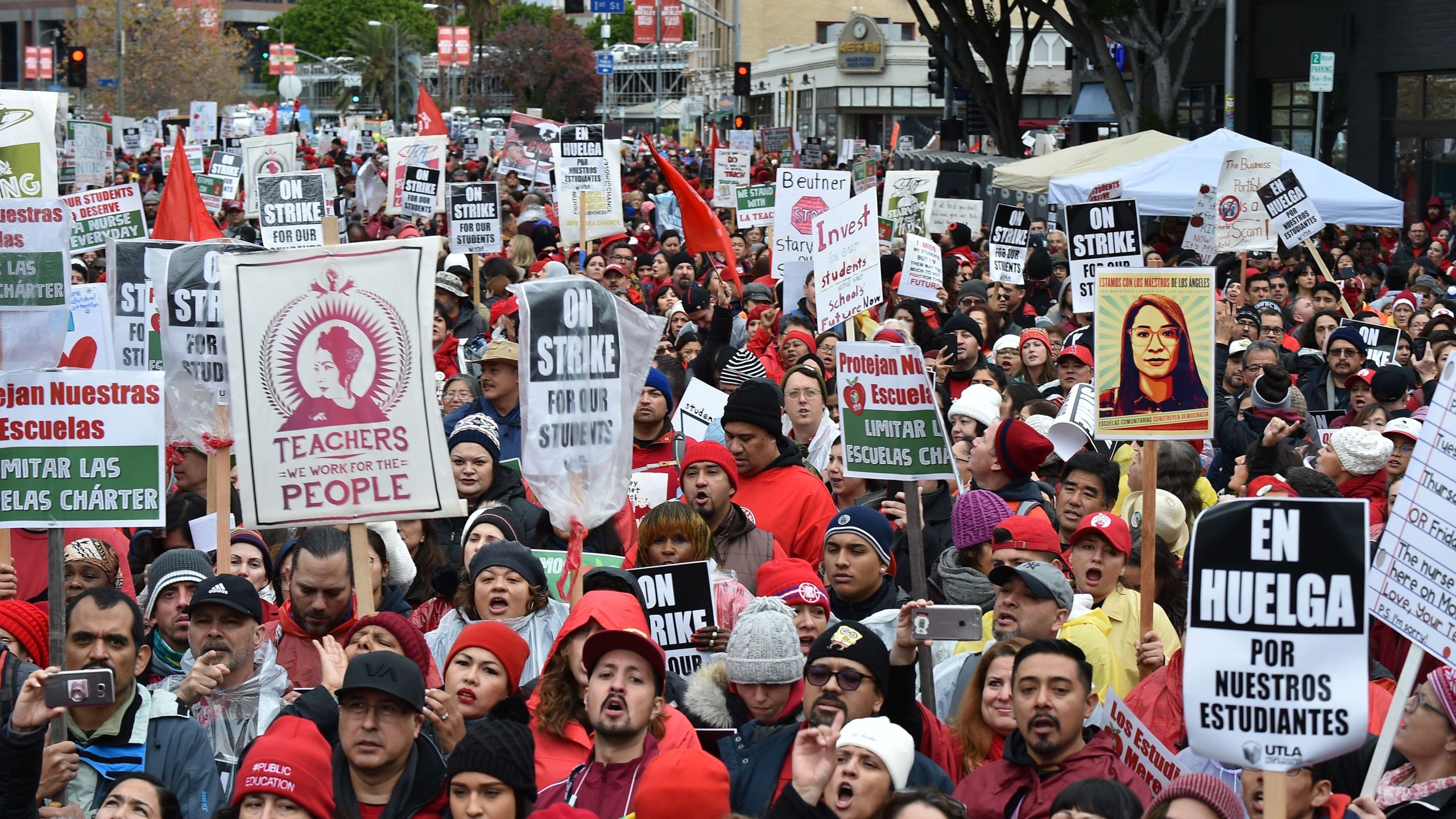 Striking teachers and their supporters rally in downtown Los Angeles, on the second day of the teachers strike, on Jan. 15, 2019. (Credit: Robyn Beck/AFP/Getty Images)