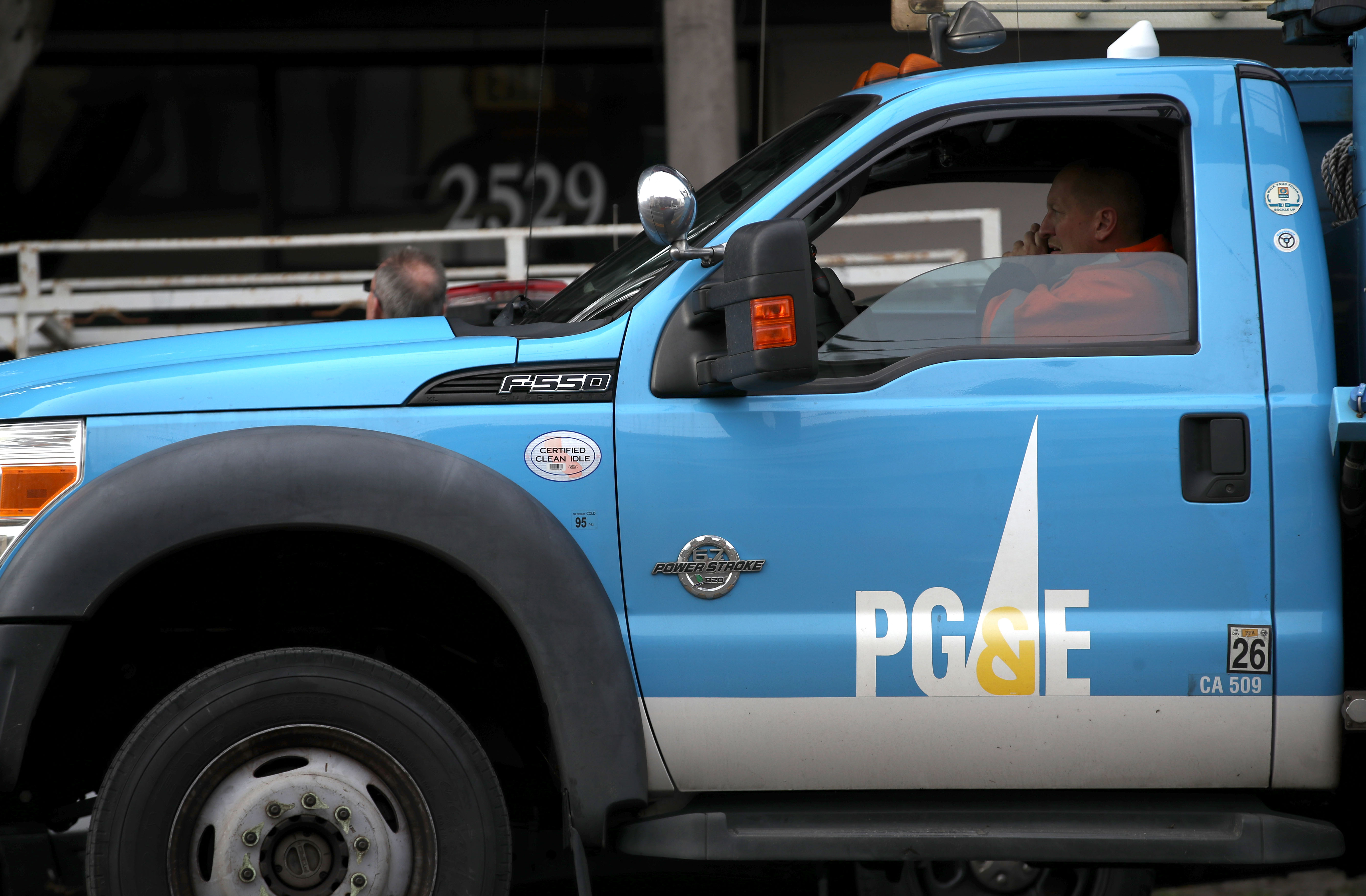 The Pacific Gas & Electric (PG&E) logo is displayed on a PG&E truck on January 17, 2019 in San Francisco, California. (Credit: Justin Sullivan/Getty Images)