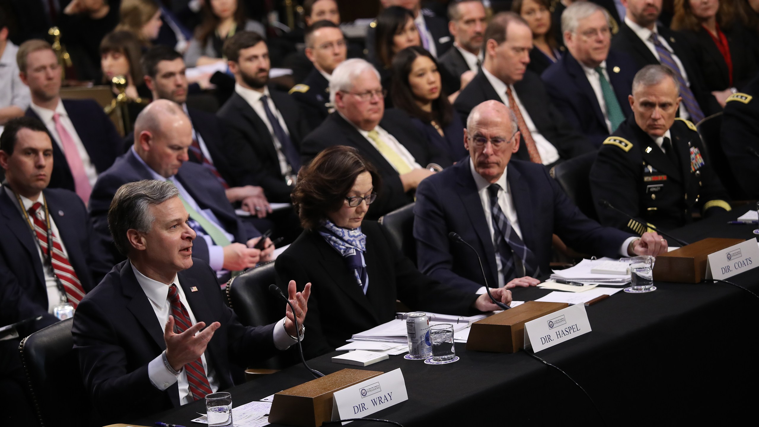 (Left to right) FBI Director Christopher Wray, CIA Director Gina Haspel and Director of National Intelligence Dan Coats and Gen. Robert Ashley, director of the Defense Intelligence Agency testify at a Senate Intelligence Committee hearing on Jan. 29, 2019. (Credit: Win McNamee/Getty Images)