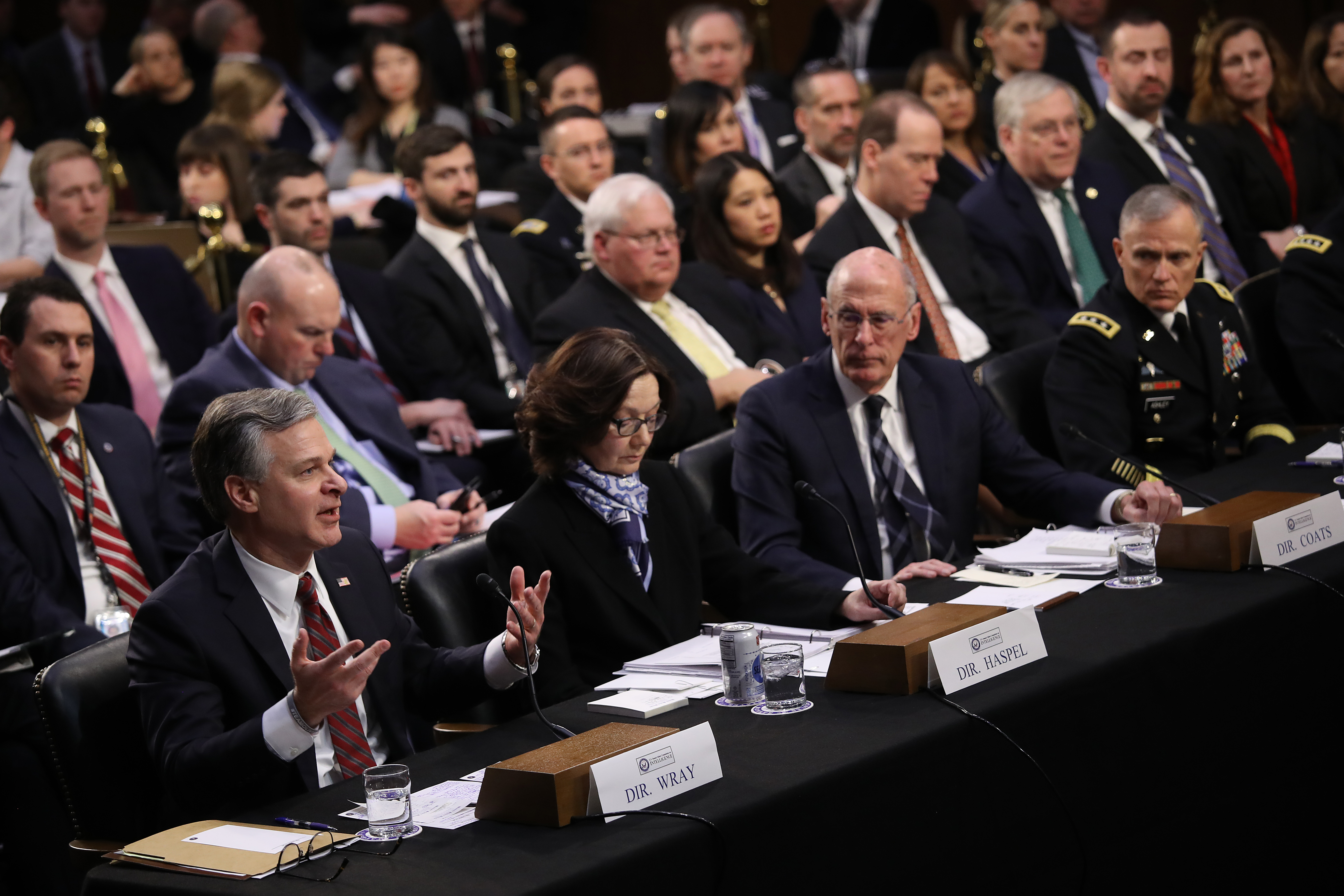 (Left to right) FBI Director Christopher Wray, CIA Director Gina Haspel and Director of National Intelligence Dan Coats and Gen. Robert Ashley, director of the Defense Intelligence Agency testify at a Senate Intelligence Committee hearing on Jan. 29, 2019. (Credit: Win McNamee/Getty Images)