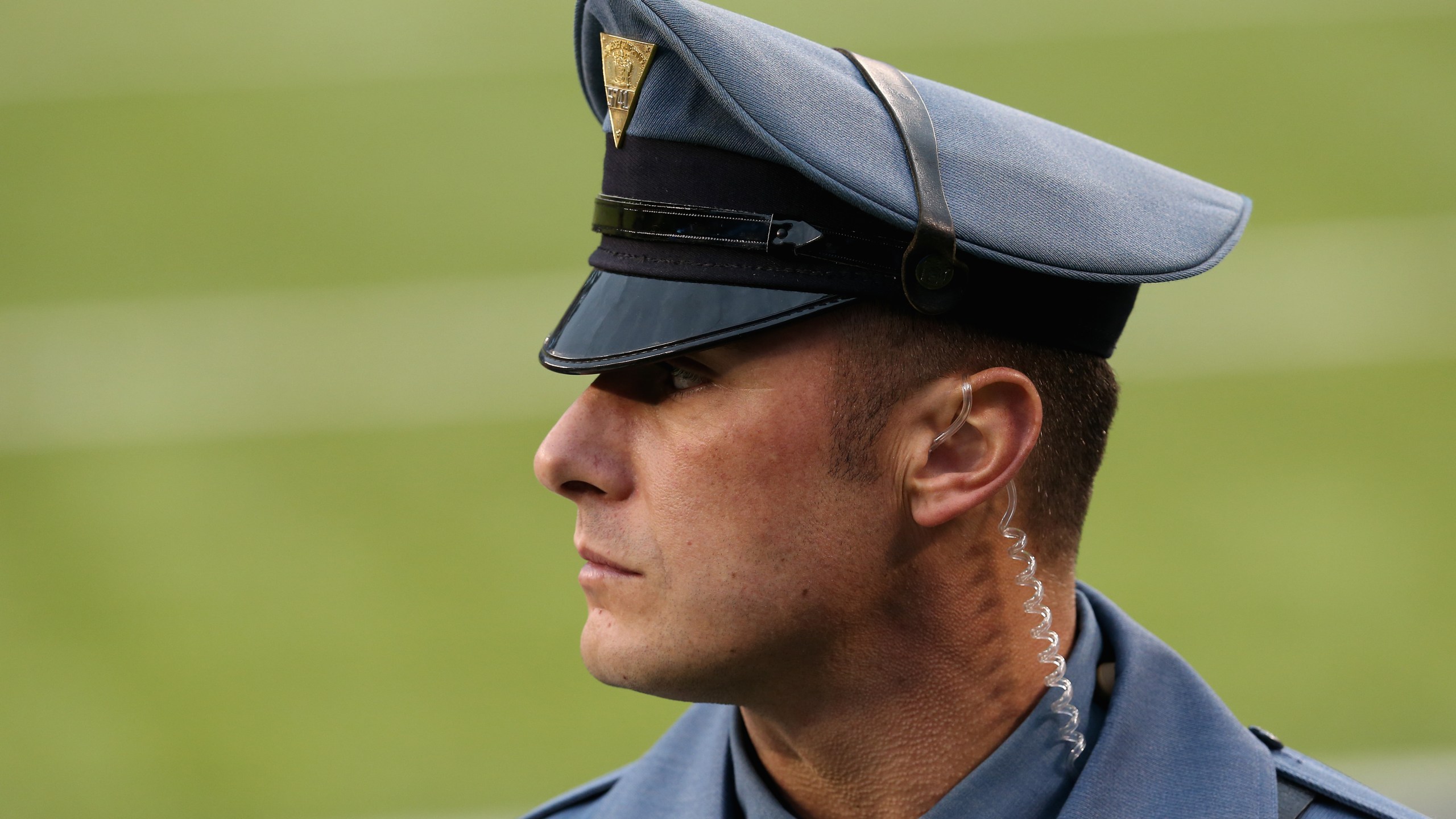 A New Jersey State Trooper looks on before the Seattle Seahawks take on the Denver Broncos during Super Bowl XLVIII at MetLife Stadium on February 2, 2014 in East Rutherford, New Jersey. (Credit: Stephen Dunn/Getty Images)