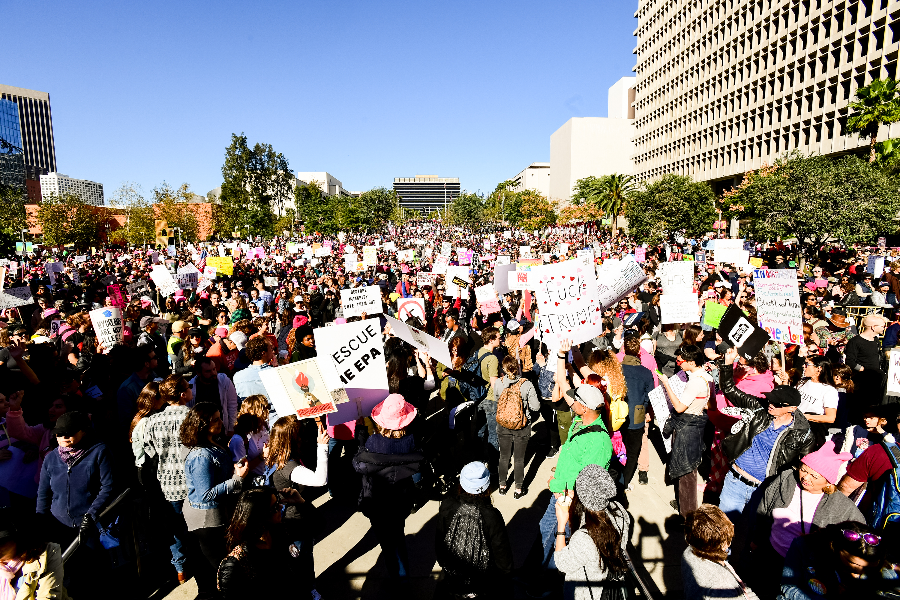 A view of the crowd at the women's march Los Angeles on Jan. 20, 2018 in Los Angeles. (Credit: Emma McIntyre/Getty Images)