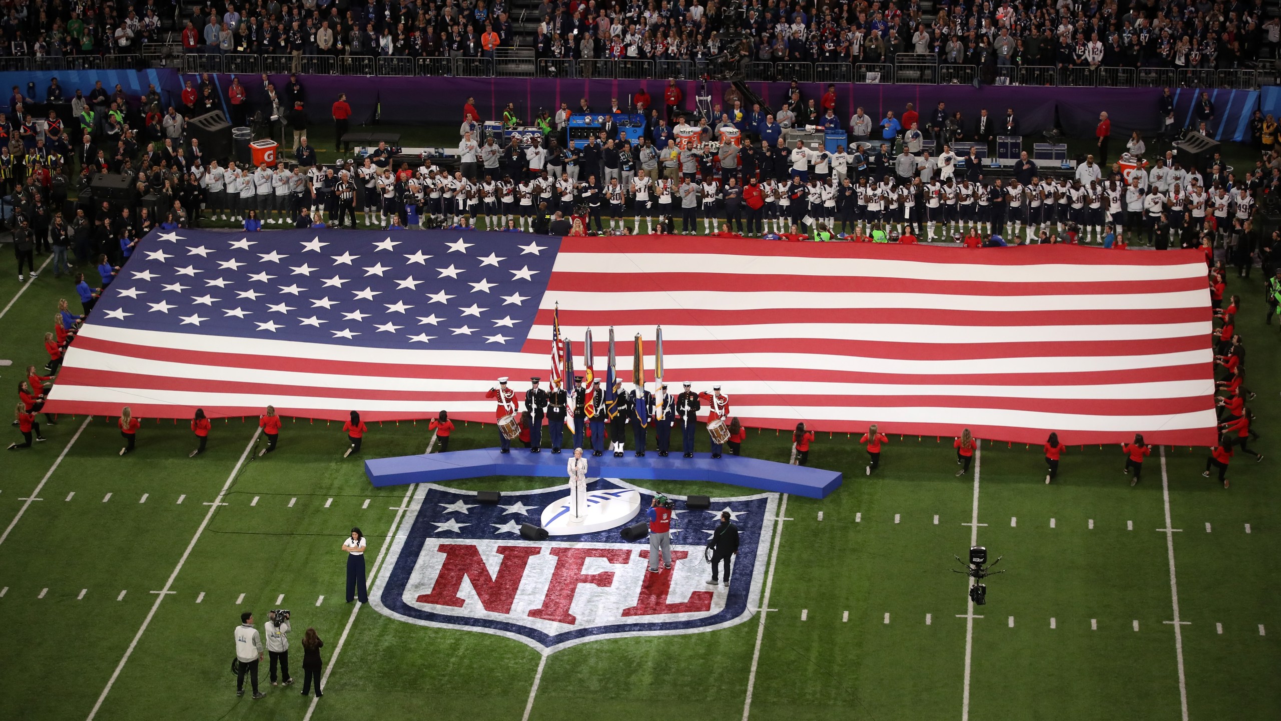 Pink sings the national anthem prior to Super Bowl LII between the New England Patriots and the Philadelphia Eagles at U.S. Bank Stadium in Minneapolis on Feb. 4, 2018. (Credit: Christian Petersen / Getty Images)