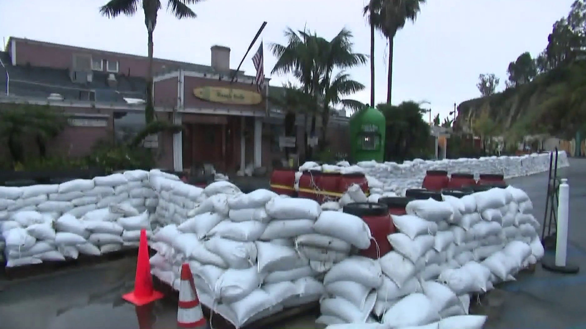 Sandbags were placed outside a business in Malibu as heavy rain was forecast to hit the area on Jan. 16, 2019. (Credit: KTLA)