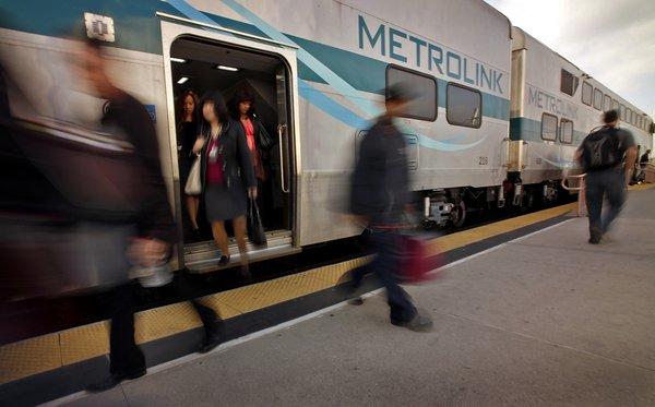 Incoming Metrolink passengers exit a train at Union Station in downtown Los Angeles in this undated photo. (Credit: Al Seib / Los Angeles Times)