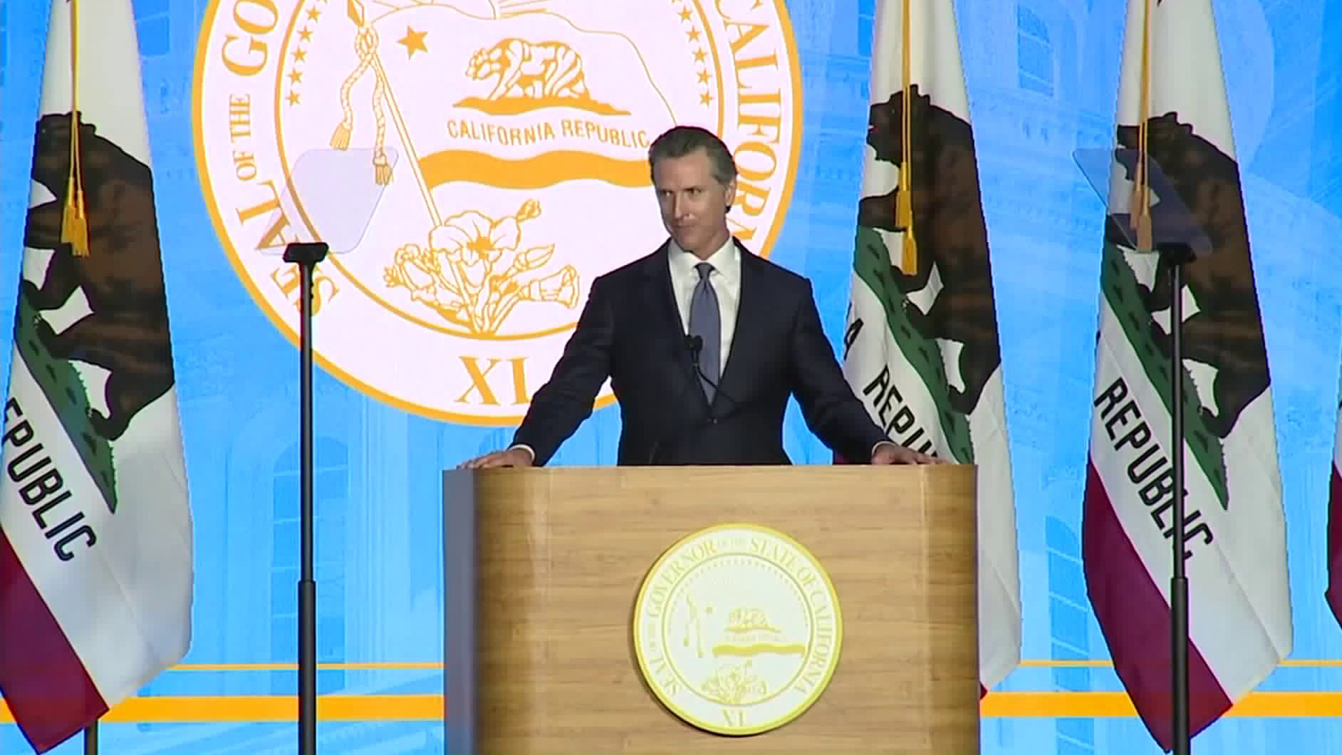 Gov. Gavin Newsom delivers remarks after being sworn in as California's 40th governor. (Credit: CNN)