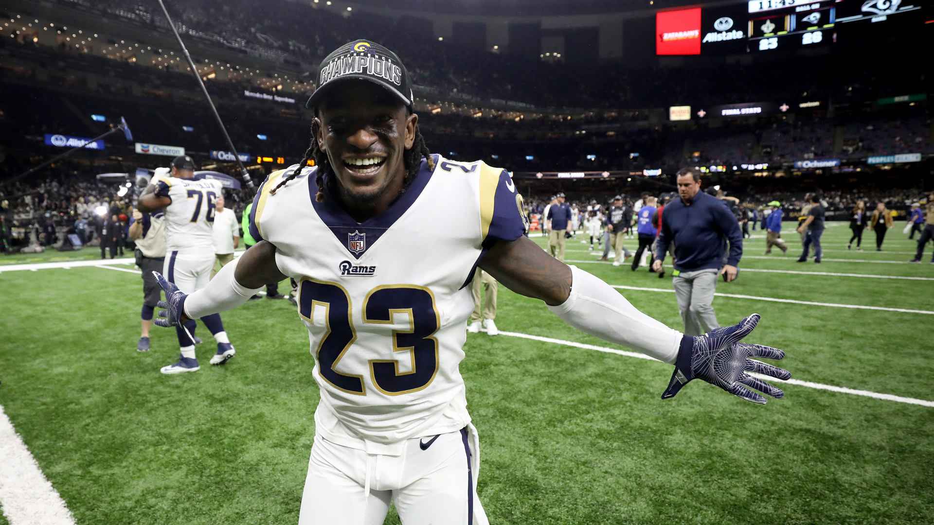 Nickell Robey-Coleman #23 of the Los Angeles Rams celebrates after defeating the New Orleans Saints in the NFC Championship game at the Mercedes-Benz Superdome on January 20, 2019 in New Orleans, Louisiana. (Credit: Streeter Lecka/Getty Images)