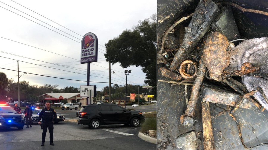 Officers respond to a Taco Bell in Ocala, Florida on Jan. 26, 2019 after a man brought a grenade he found while fishing. (Credit: Ocala Police Department)