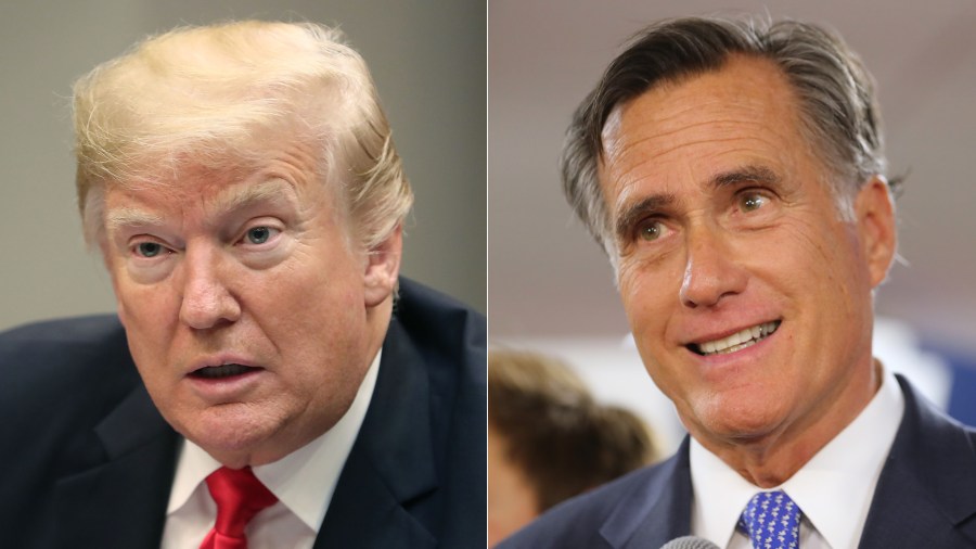 Donald Trump (left) leads a roundtable discussion on school safety and the new Federal Commission on School Safety report with family members of shooting victims at the White House on Dec. 18, 2018. Mitt Romney talks to his supporters after he won the Utah Senate seat in Orem, Utah on Nov. 6, 2018. (Credit: Mark Wilson and George Frey/Getty Images)